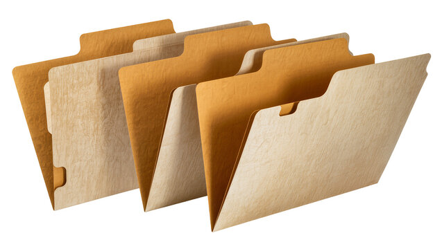 Four manila file folders with tabs organized in a row, isolated on transparent background