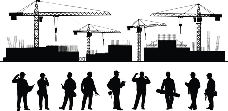 Construction Site Silhouette Vector Set, Industrial Building Development with Cranes, Engineering Professional Workers and Architects for Urban Architecture Project Design,