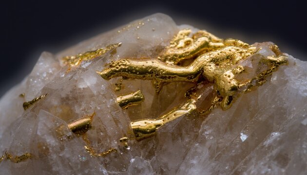 Golden Veins on Quartz Crystal with Intricate Patterns, Close-Up View Capturing Natural Beauty of Gemstone