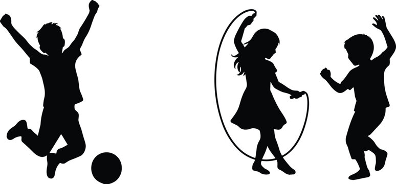 Silhouettes of children playing with ball and jump rope, showcasing joy, energy, and physical activity in minimalist illustration design