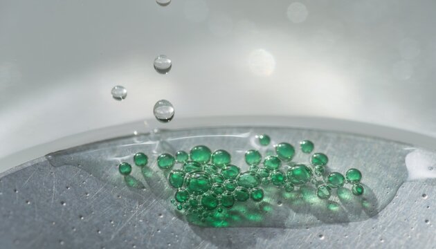 Close-Up of Green Water Droplets on Metal Surface Reflecting Natural Light