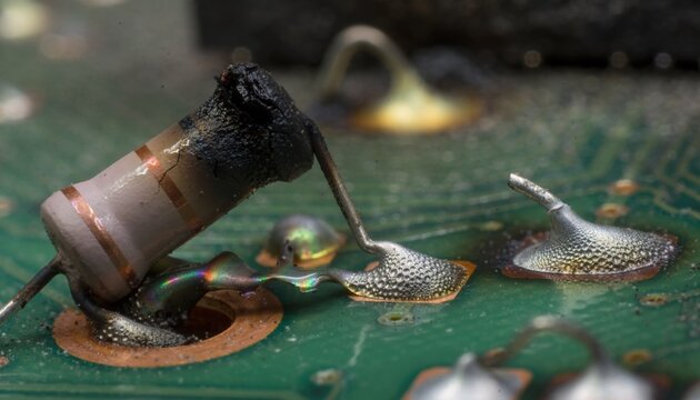 Close-Up of a Damaged Resistor on a Circuit Board Highlighting Electronic Component Failure