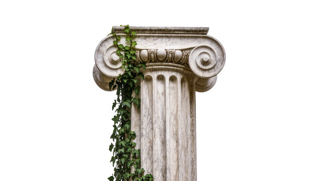 Ancient Ionic column capital with green ivy, isolated on transparent background
