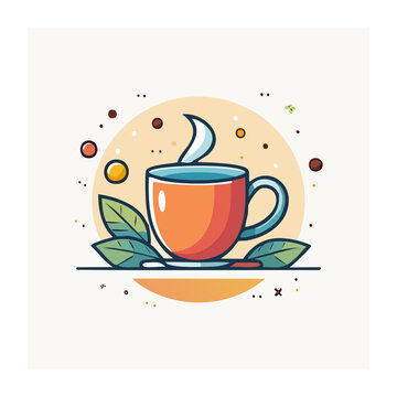 Flat design illustration of a steaming cup of tea with leaves