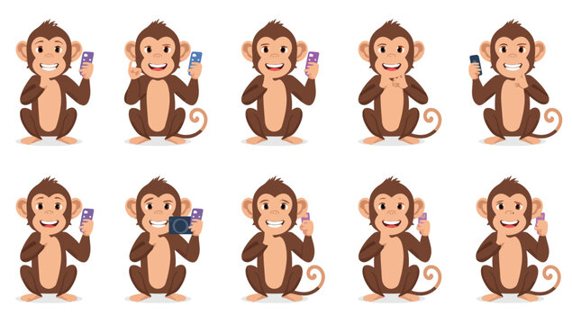 Monkeys with mobile phones in hands.