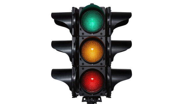 Vertical traffic light with green yellow and red signals illuminated, isolated on transparent background