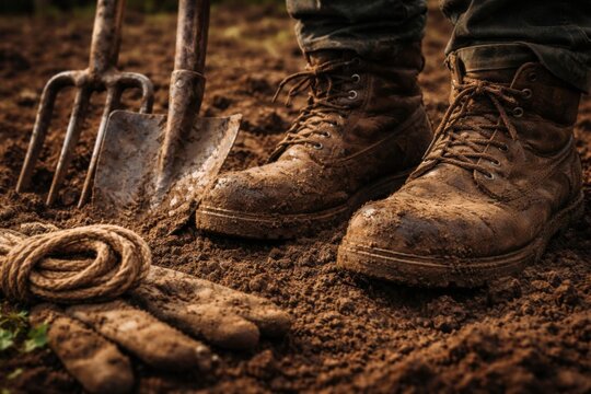 Primer plano de botas de granjero desgastadas y cubiertas de tierra junto a herramientas agr&iacute;colas