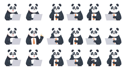 Obraz premium Pandas sitting at computers working.