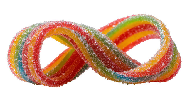 Rainbow sour candy belt twisted into infinity symbol, isolated on transparent background