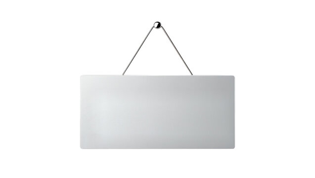 Blank rectangular sign hanging by thin wires, isolated on transparent background