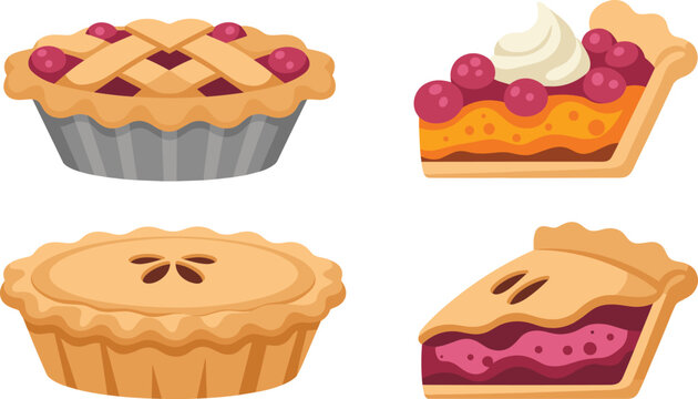 Vector Illustration Set of Homemade Thanksgiving Pies and Slices Including Lattice Cherry Tart Berry Pastry and Apple Pie (18 words)