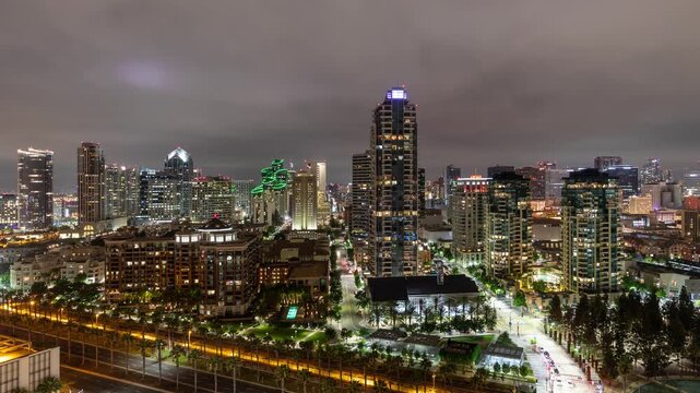 Time lapse of the skyline of downtown San Diego at night
