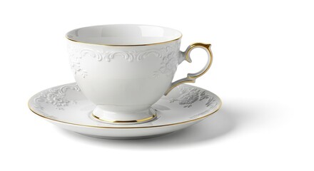Fototapeta premium Luxury White Porcelain Teacup and Saucer with Gold Trim and Embossed Floral Design, Isolated on White Background