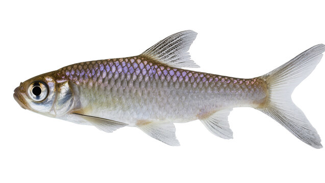 Small silver fish with iridescent scales, isolated on transparent background
