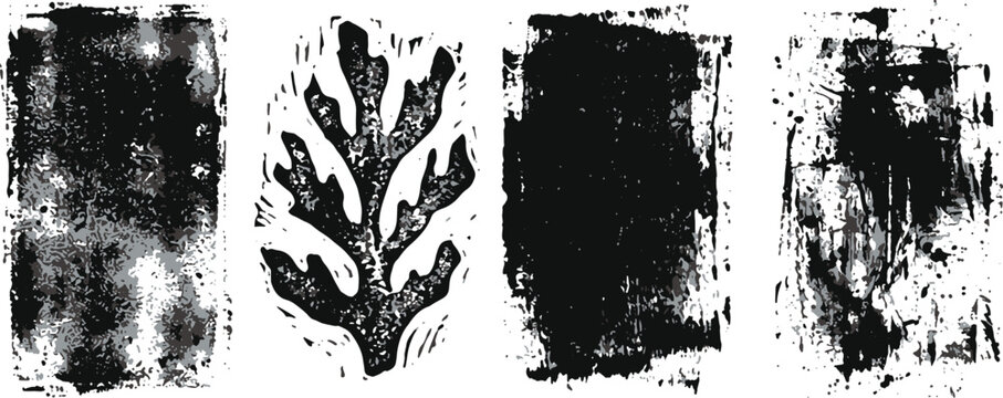 Abstract linocut block print set with a textured leaf and distressed grunge ink borders for rustic organic graphic design elements vector illustration