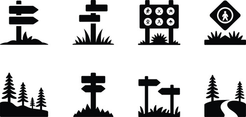 Trail Signpost and Hiking Direction Silhouette Collection with Outdoor Navigation Icons © MostMeskatun