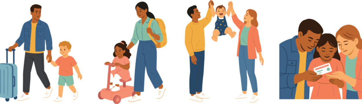 Vector Illustration Character Set of Diverse Families Traveling, Walking with Suitcases, Riding Scooters, and Checking Passports for Vacation (19 words)