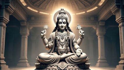 Obraz premium Vishnu sculpture surrounded by divine light a tranquil temple atmosphere of spirituality