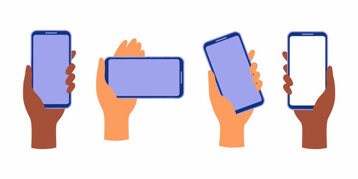 Four hands holding smartphones with blank screens in different positions