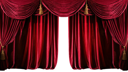 Luxurious red velvet theater curtains with golden tassels, isolated on transparent background