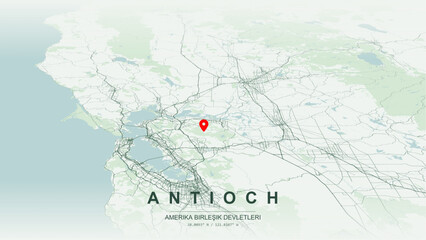 Obraz premium Modern minimalist vector map of Antioch, California, USA. High-quality scalable illustration of Antioch city grid, San Joaquin River delta axis, California State Route 4 highway for posters design.