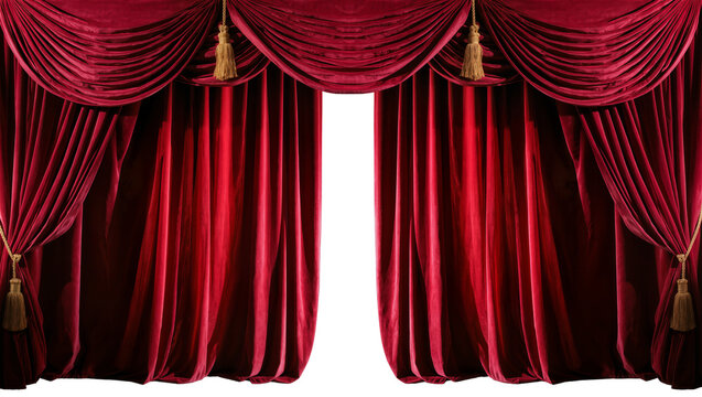 Luxurious red velvet theater curtains with golden tassels, isolated on transparent background