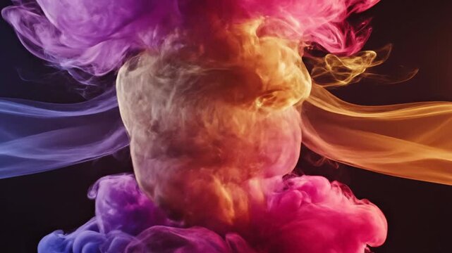 Abstract colorful smoke waves flowing smoothly in a vibrant gradient transition of purple, blue, and pink hues moving across a solid black background in a fluid loop design.