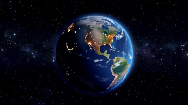 Earth from Space at Night with Illuminated Continents and Starry Sky