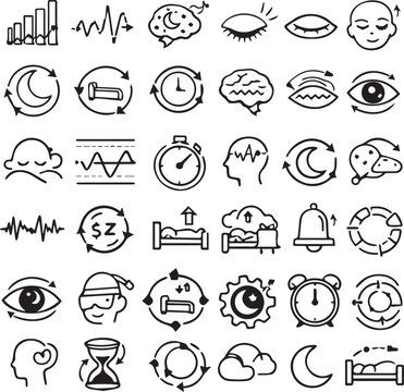 "Sleep & Circadian Rhythm Line Icons Pack &ndash; Beds, Moons, Clouds, Clocks, Eyes, Brain Waves, Zzz, Alarm, Hourglass & Rest Vector Symbols for Wellness, Dream Science, Relaxation & Creative Design 