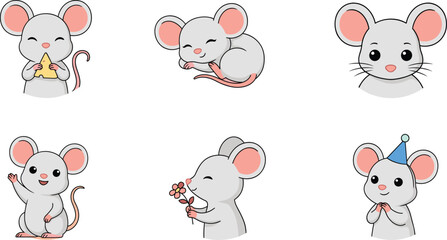 Naklejka premium Cute Cartoon Mouse Vector Character Set Eating Cheese Sleeping Smelling Flower Waving Hand and Wearing Birthday Party Hat (18 words)