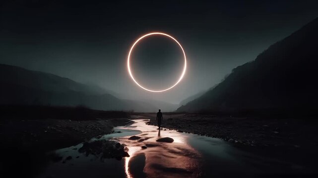 Eclipse, fantasy, mysterious, supernatural. A moody, atmospheric portrayal of a solitary figure standing in the middle of a calm river. The river reflects a radiant, glowing ring of light.