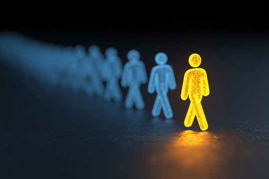 Glowing gold figure leading row of blue figures from the front, leadership and vision concept.