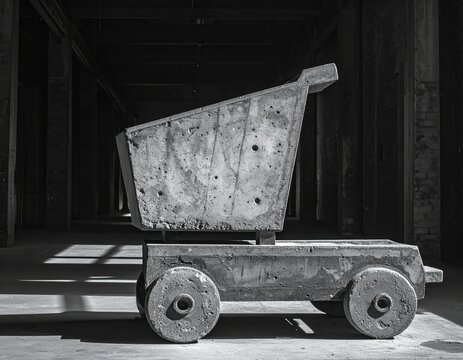 Vintage Industrial Mine Cart on Rails in Black and White.