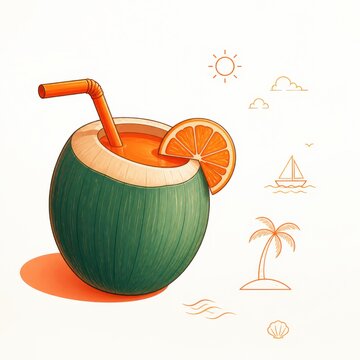 Illustrated tropical coconut cocktail with orange slice and straw isolated on white background with palm and beach icons