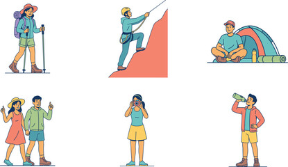Fototapeta premium Vector Illustration Character Set of People Hiking, Rock Climbing with Ropes, Camping in Tents, Taking Photos, and Drinking Water Outdoors (21 words)