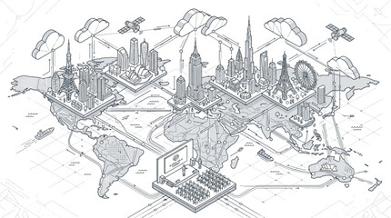 Obraz premium Global Network of Cities and Technology, Isometric World Map Illustration