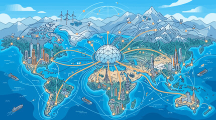 Global Network Connections: World Map with Digital Brain, Cities, and Transport Routes © solikhin