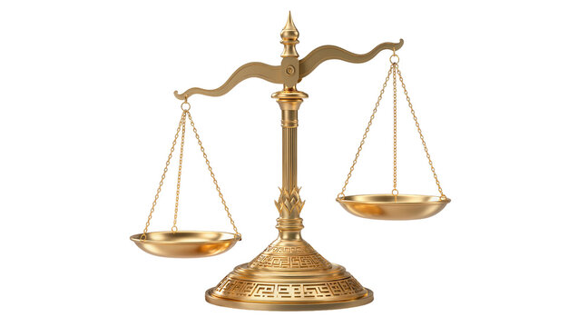 Ornate golden balance scale with intricate base, isolated on transparent background