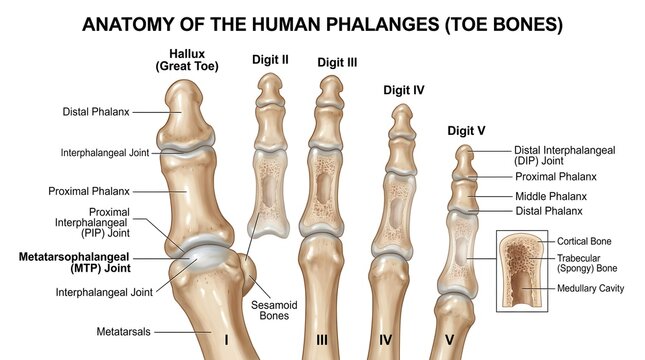 Anatomy of the Human Toe Phalanges in Dorsal Perspective Displaying Digits I to V, Proximal and Distal Interphalangeal Joints, Metatarsophalangeal Joints, Sesamoid Bones of the Hallux, and Internal Co