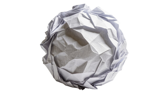 Crushed white paper ball with sharp geometric folds, isolated on transparent background