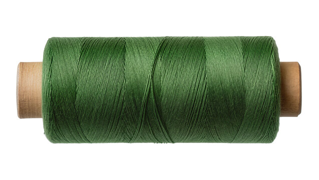 Green thread spool with wooden ends, isolated on transparent background
