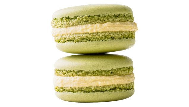 Two stacked green macarons with creamy filling, isolated on transparent background