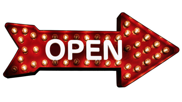 Red arrow marquee sign with OPEN text and illuminated bulbs, isolated on transparent background