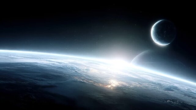 Eclipse, fantasy, mysterious, supernatural. A highresolution digital artwork depicts a breathtaking view of Earth from space. The celestial body is illuminated by a radiant light source.