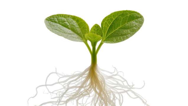 Green seedling with developed root system, isolated on transparent background