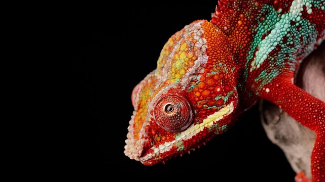 Close-up shot of a beautiful red and green chameleon in front of a black background.