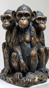 A bronze statue of three monkeys with expressive faces