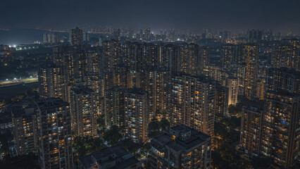 Naklejka premium High Rise Residential Towers Illuminated Across Coastal City Skyline