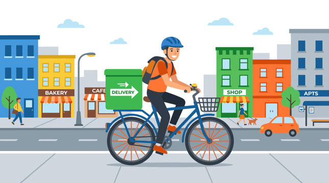 Happy bike courier rides through a vibrant cityscape delivering packages energetically and efficiently