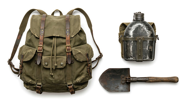 Military style canvas rucksack, canteen, and entrenching tool isolated on white background